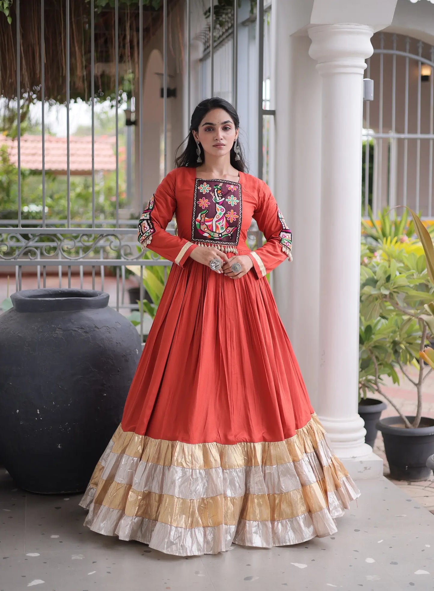Rust Orange Navratri Gown With Gamthi Patch Work