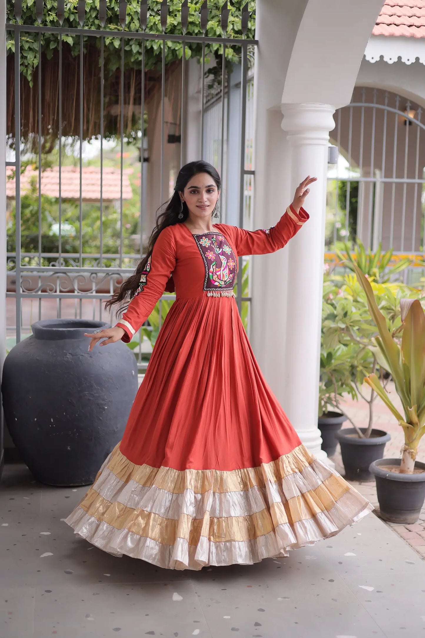 Rust Orange Navratri Gown With Gamthi Patch Work