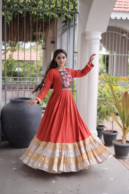 Rust Orange Navratri Gown With Gamthi Patch Work