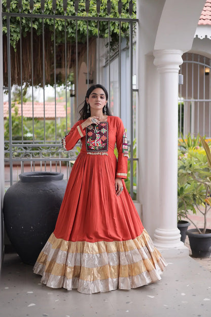 Rust Orange Navratri Gown With Gamthi Patch Work