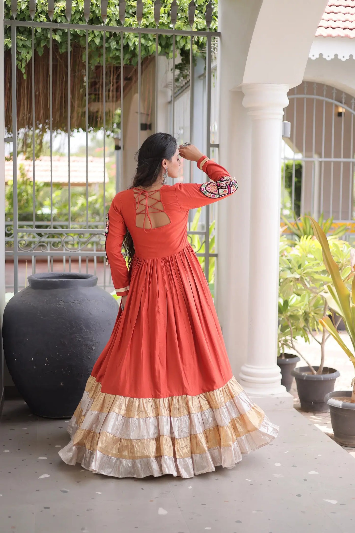 Rust Orange Navratri Gown With Gamthi Patch Work