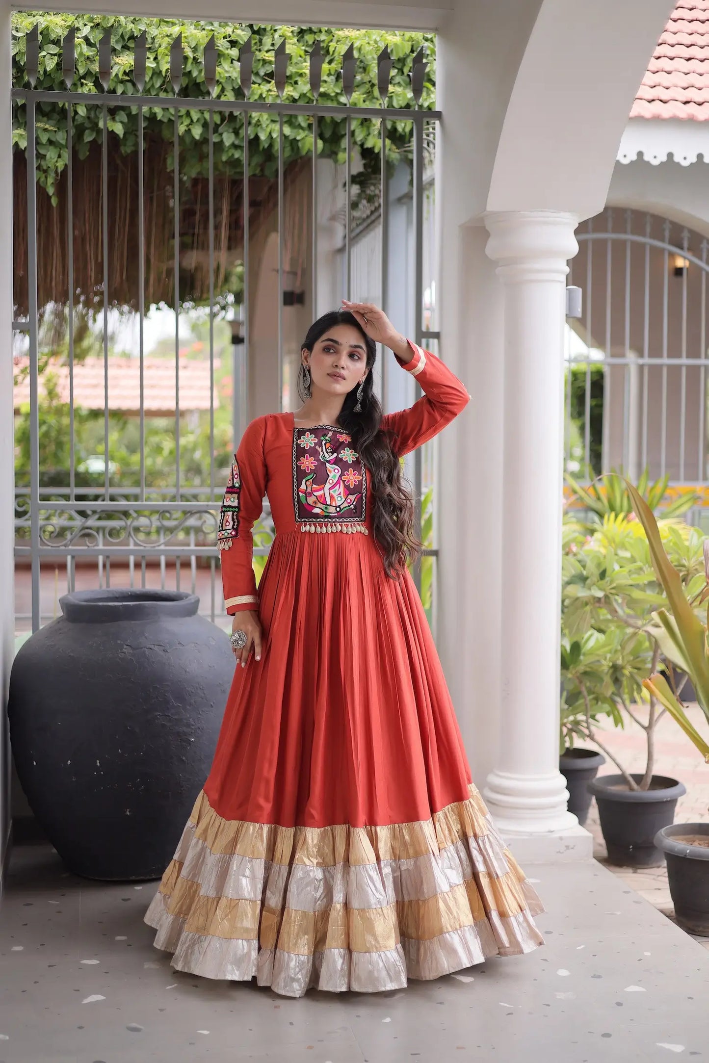 Rust Orange Navratri Gown With Gamthi Patch Work
