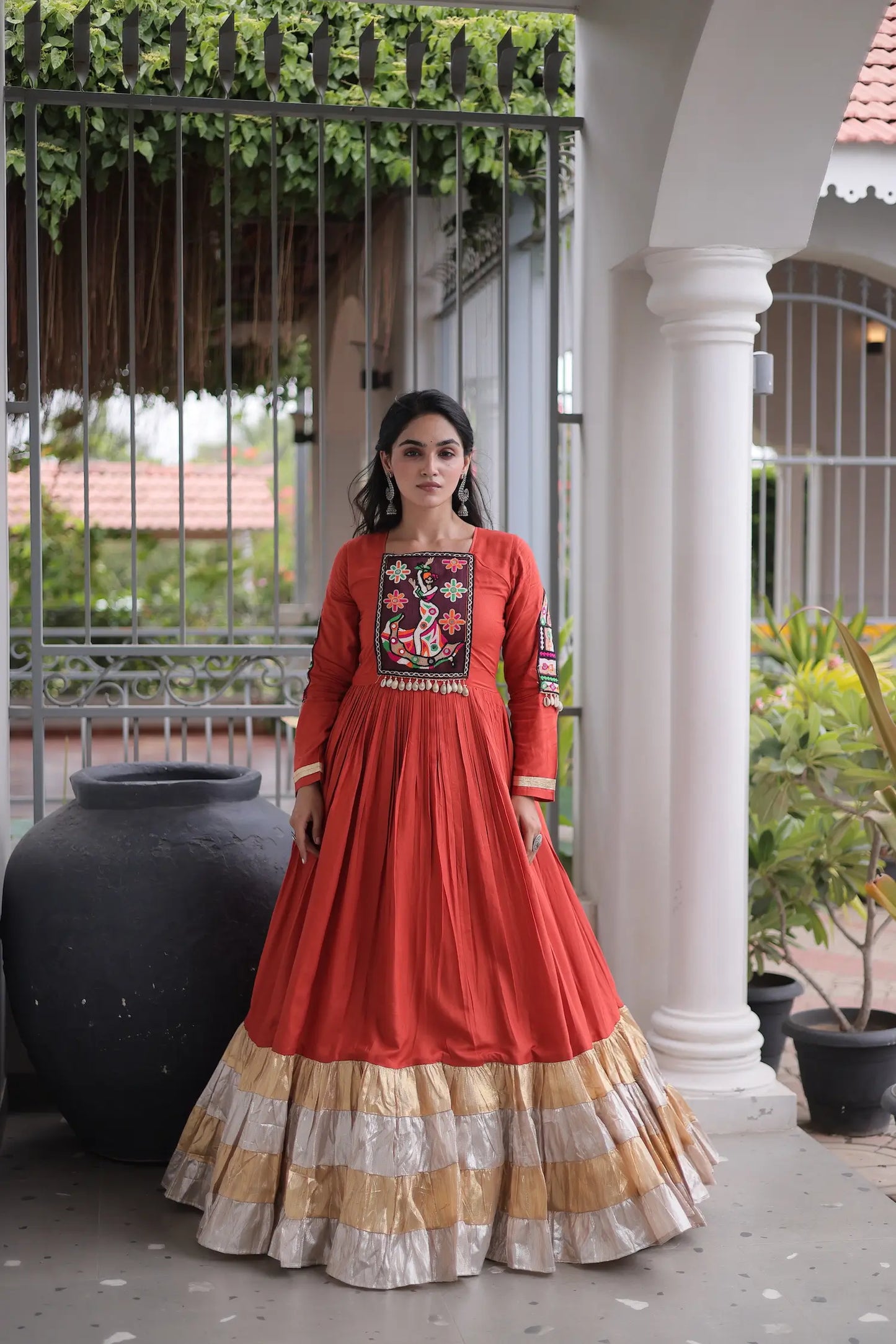 Rust Orange Navratri Gown With Gamthi Patch Work