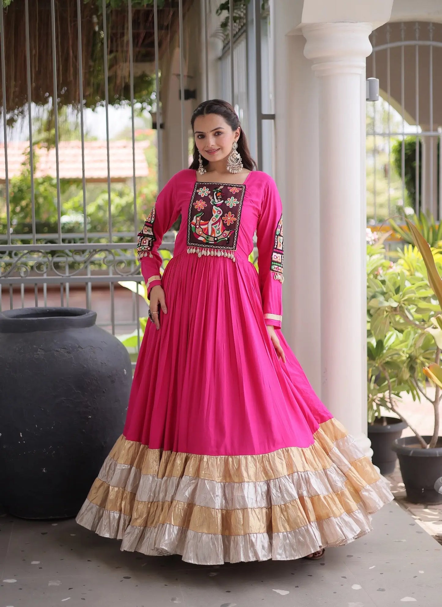 Rani Pink Navratri Gown With Gamthi Patch Work