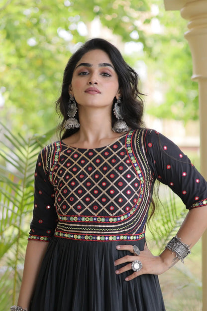 Black Navratri Gown With Mirror & Embroidery Work