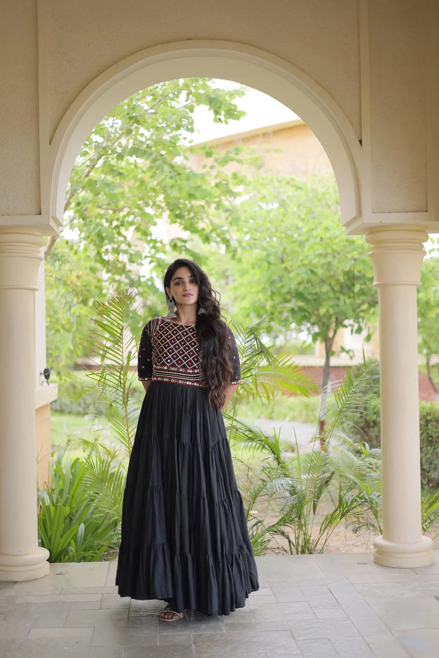 Black Navratri Gown With Mirror & Embroidery Work