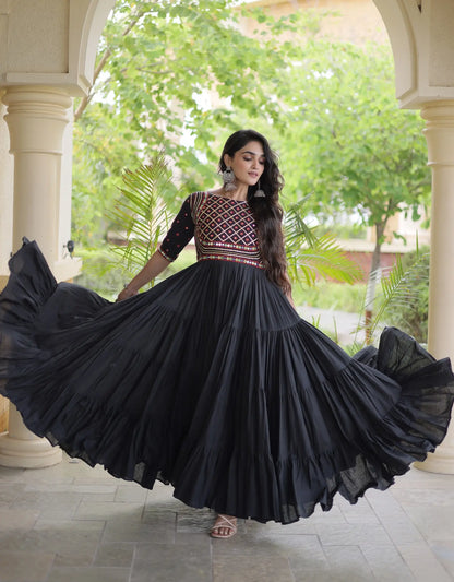 Black Navratri Gown With Mirror & Embroidery Work