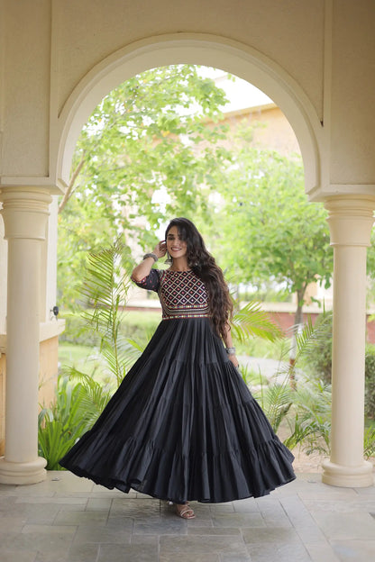 Black Navratri Gown With Mirror & Embroidery Work