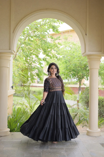 Black Navratri Gown With Mirror & Embroidery Work