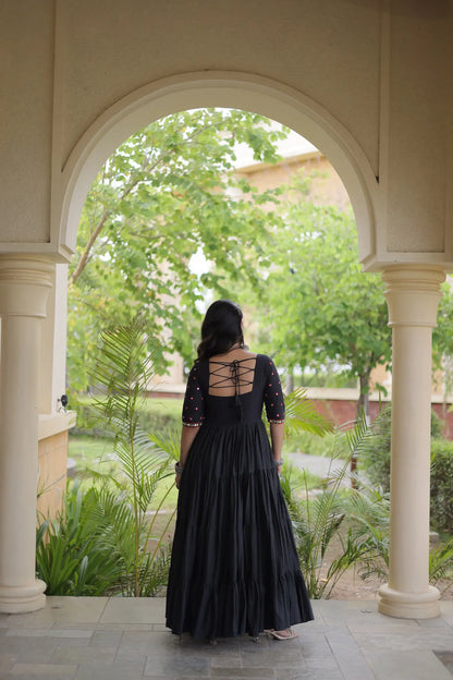 Black Navratri Gown With Mirror & Embroidery Work