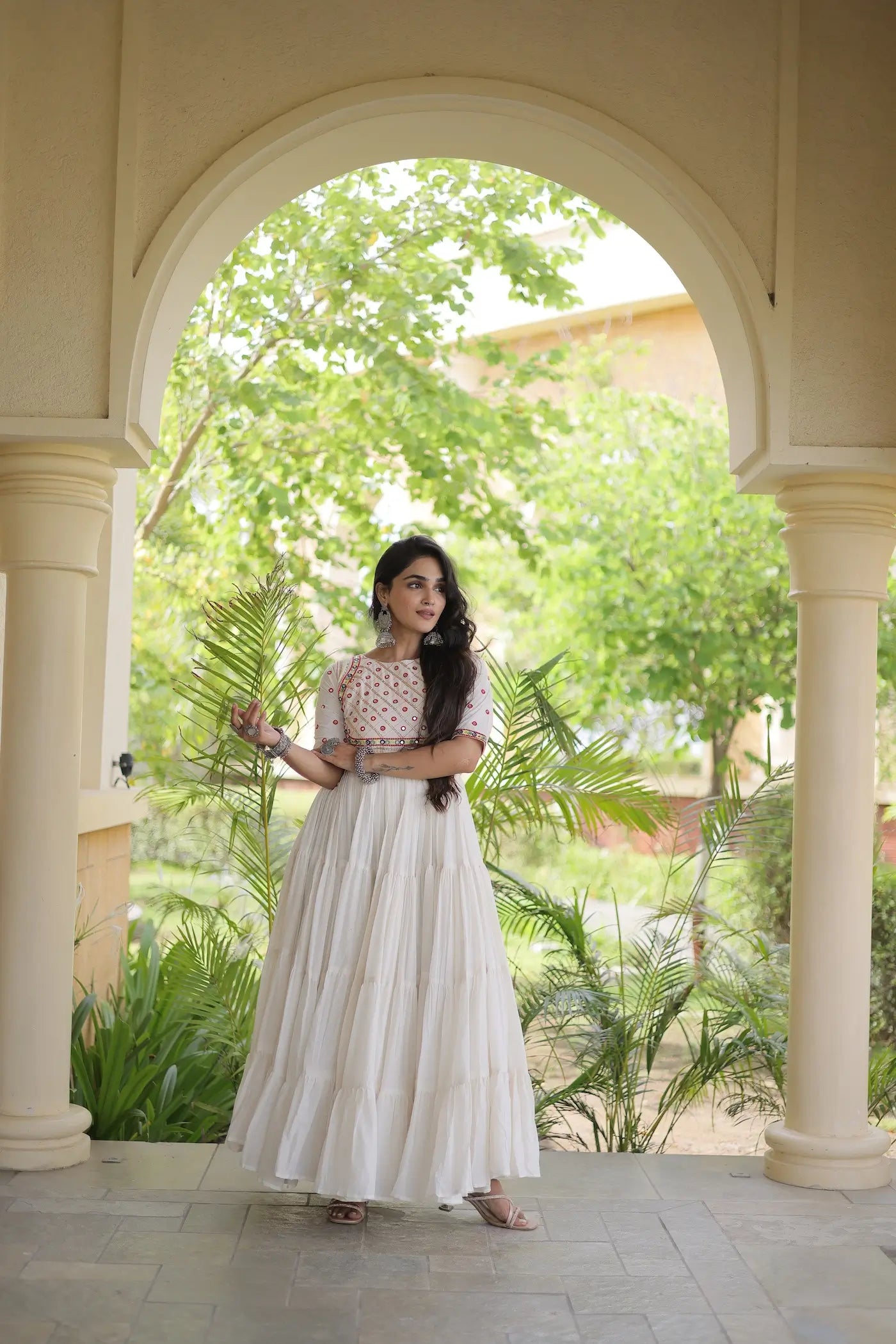 White Navratri Gown With Mirror & Embroidery Work
