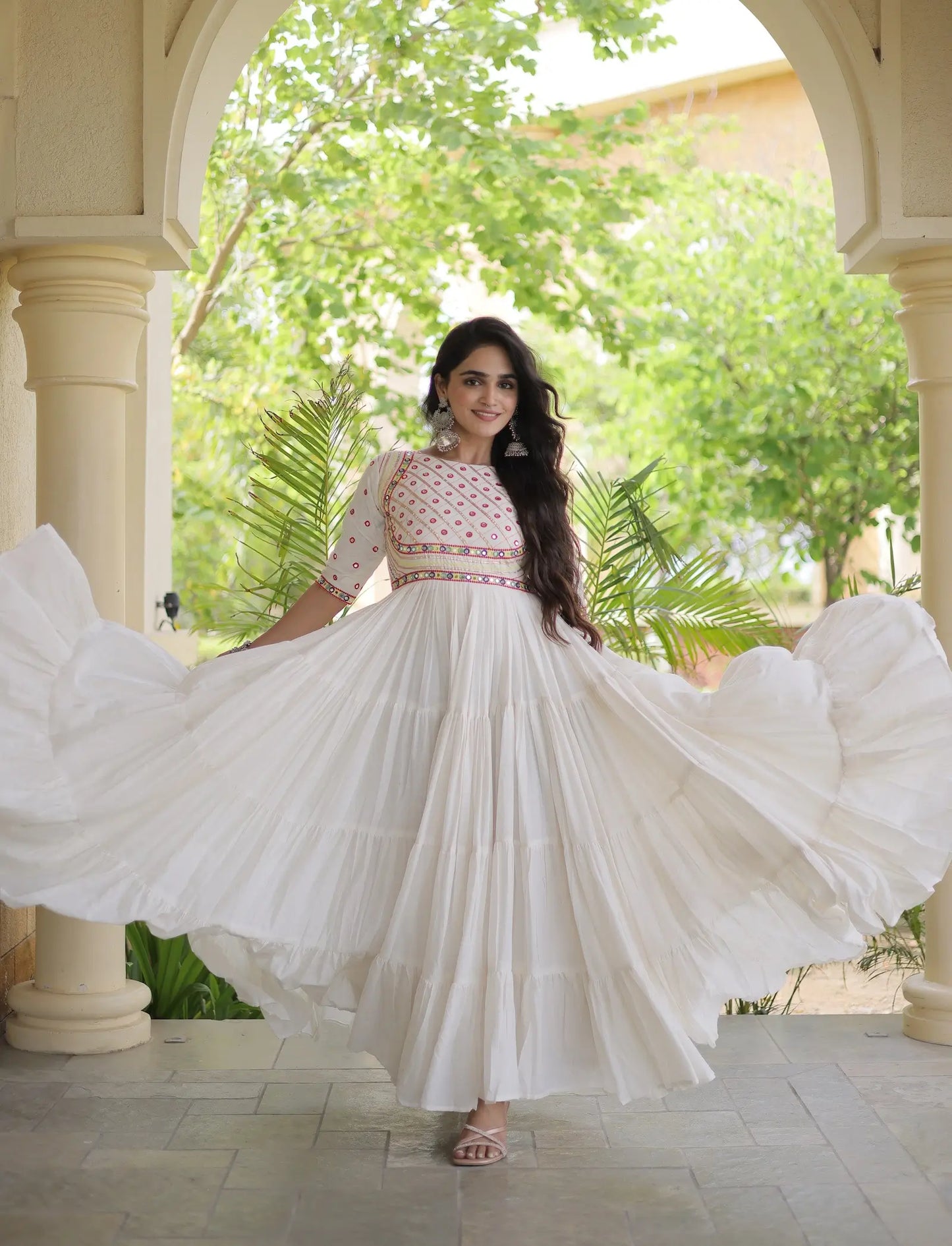White Navratri Gown With Mirror & Embroidery Work