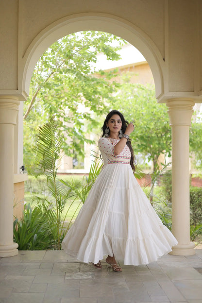 White Navratri Gown With Mirror & Embroidery Work