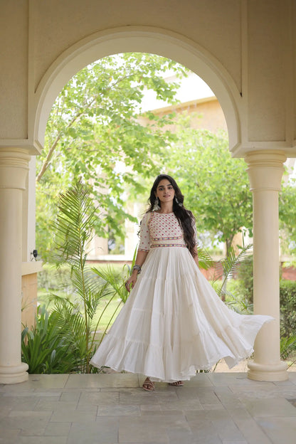 White Navratri Gown With Mirror & Embroidery Work