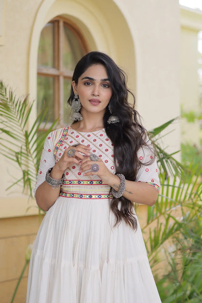 White Navratri Gown With Mirror & Embroidery Work