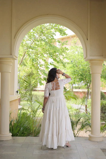 White Navratri Gown With Mirror & Embroidery Work