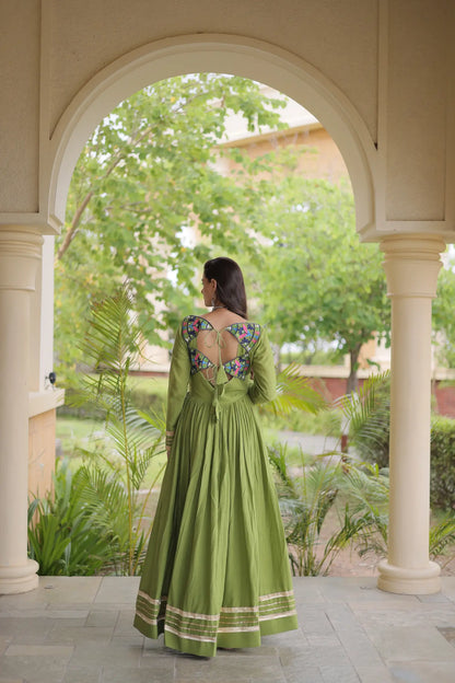 Green Navratri Gown With Embroidery & Mirror Work
