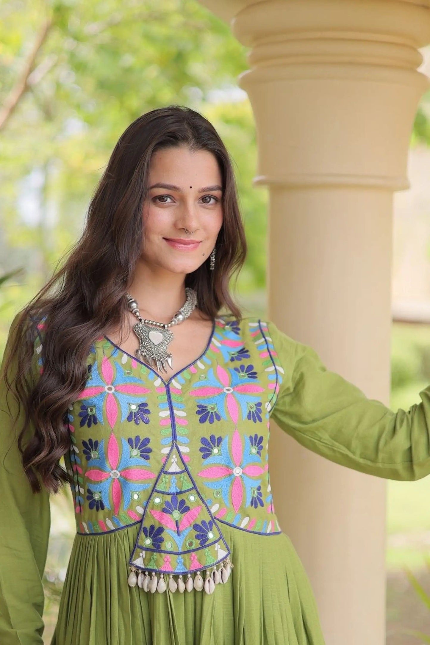 Green Navratri Gown With Embroidery & Mirror Work