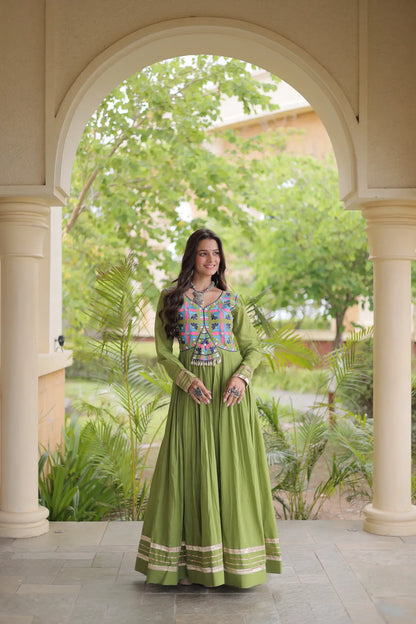 Green Navratri Gown With Embroidery & Mirror Work