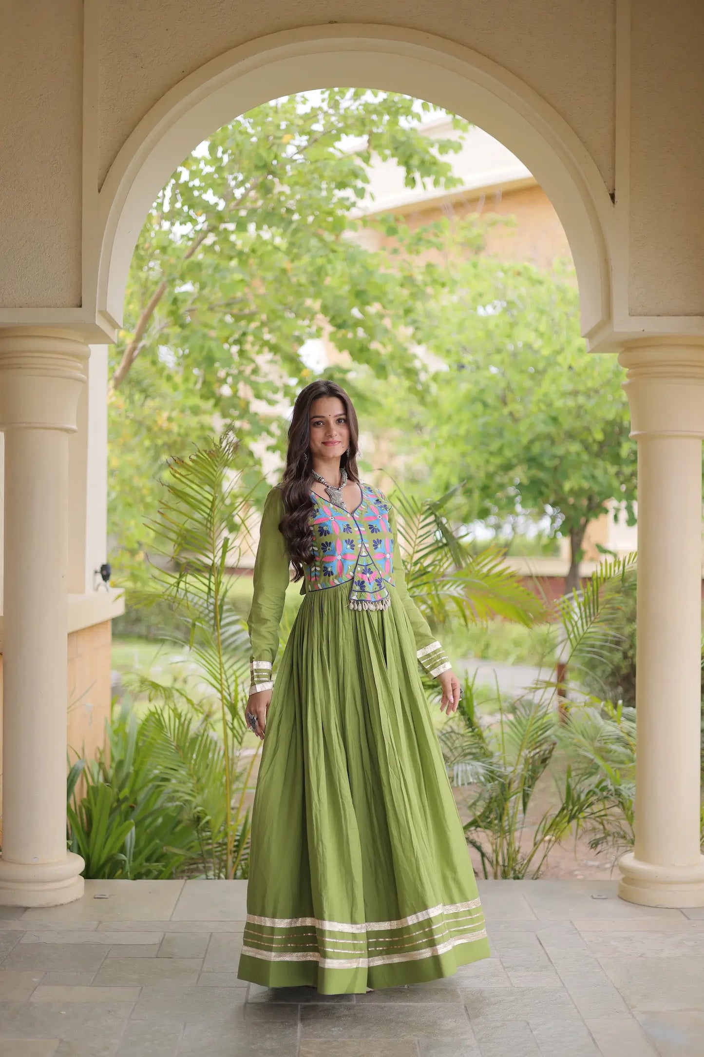 Green Navratri Gown With Embroidery & Mirror Work