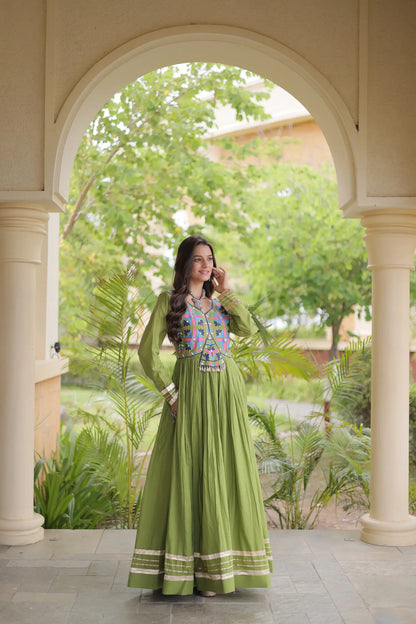 Green Navratri Gown With Embroidery & Mirror Work