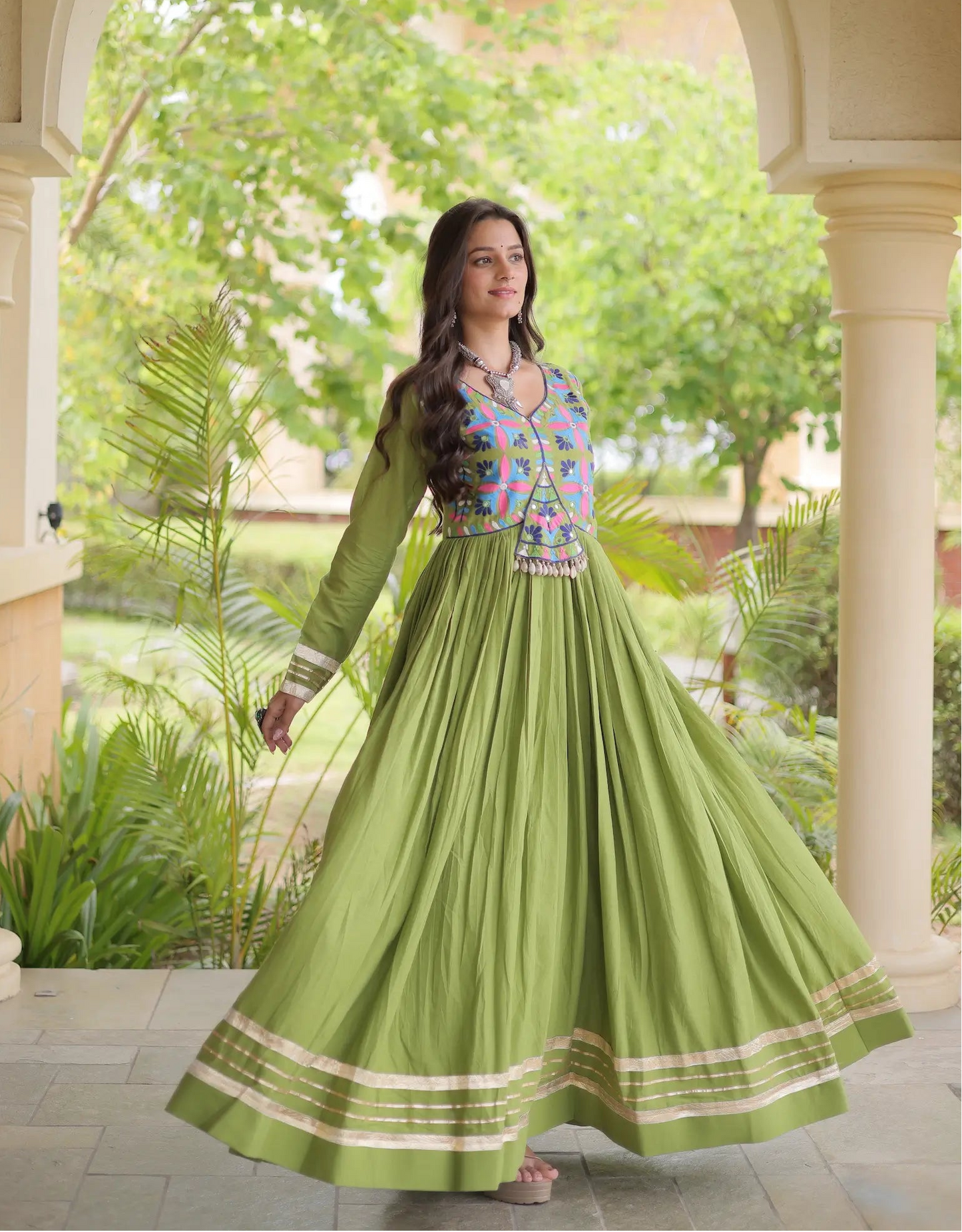 Green Navratri Gown With Embroidery & Mirror Work