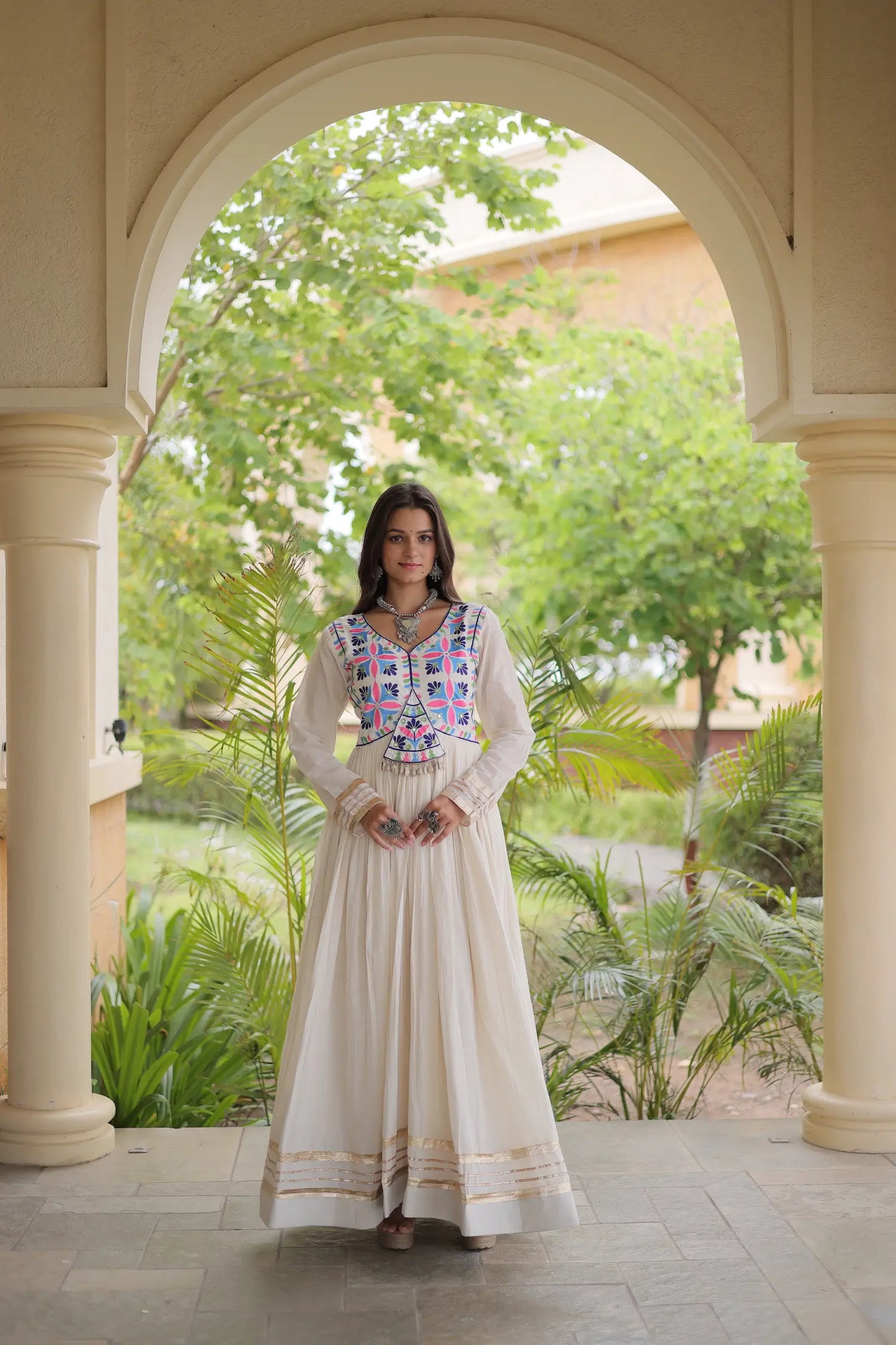 White Navratri Gown With Embroidery & Mirror Work