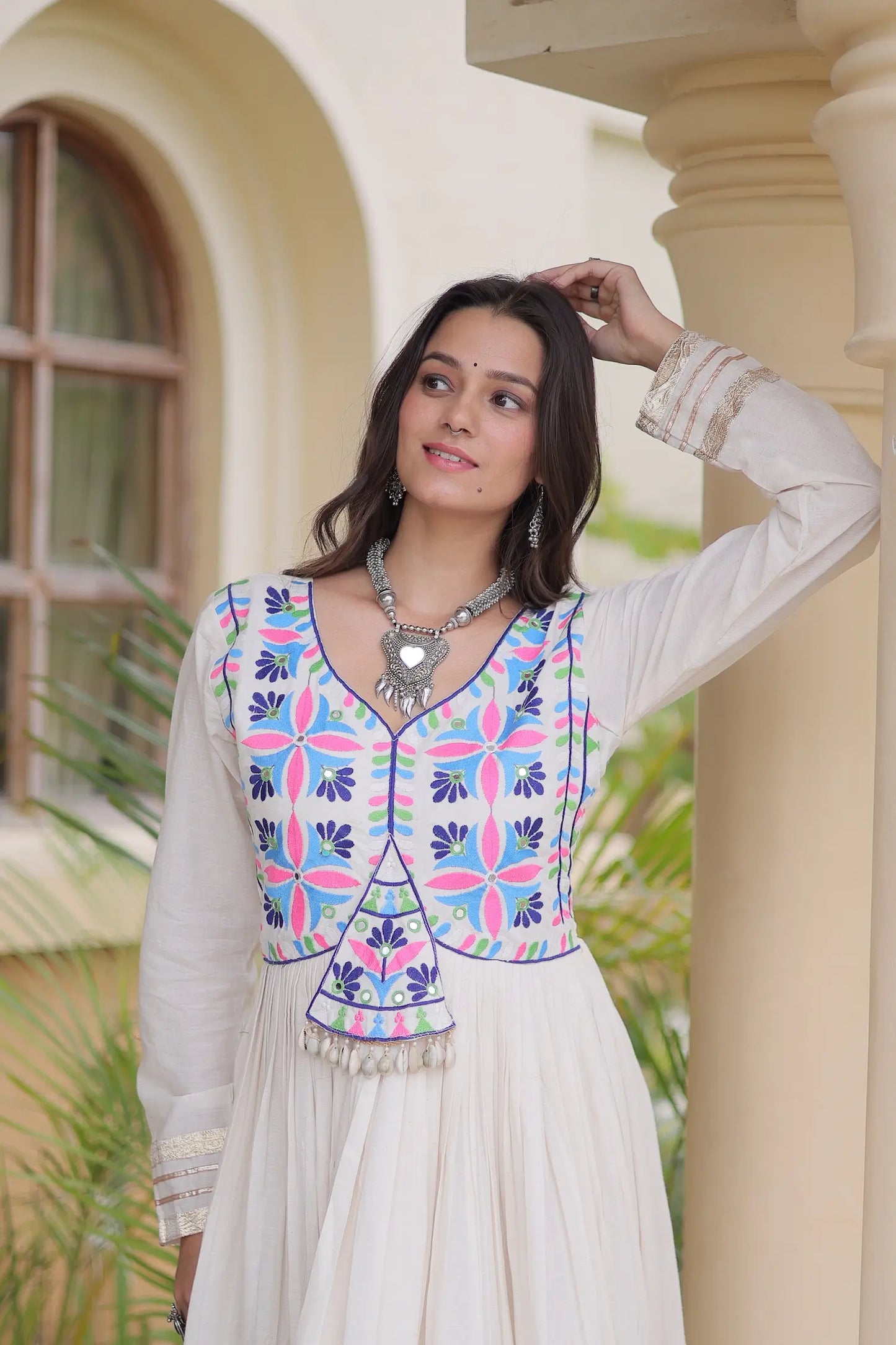 White Navratri Gown With Embroidery & Mirror Work