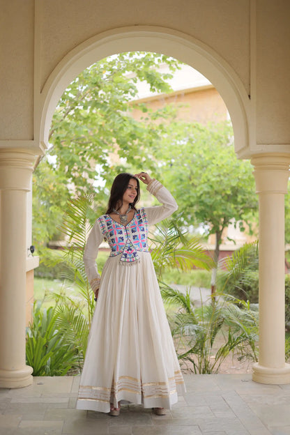 White Navratri Gown With Embroidery & Mirror Work