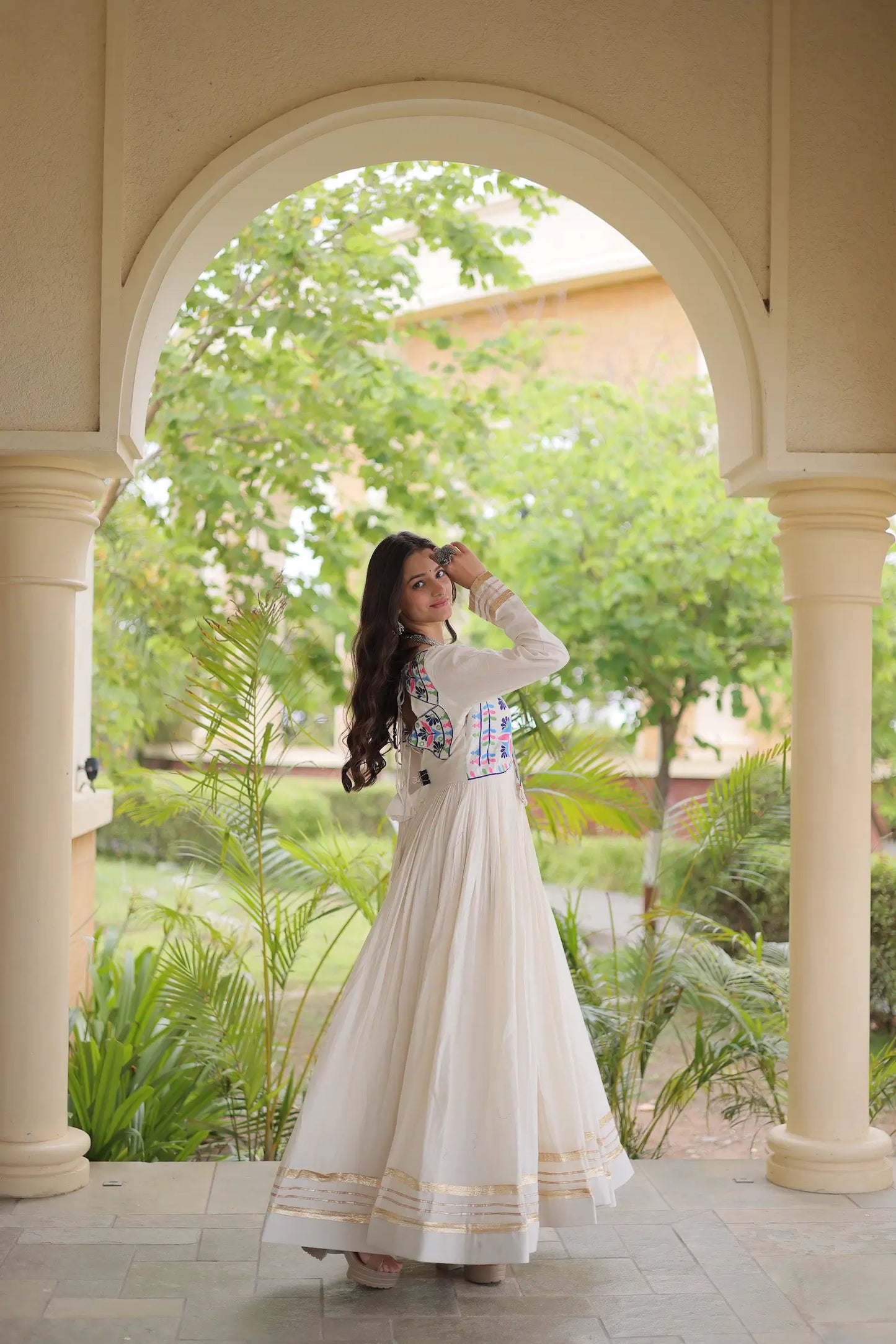 White Navratri Gown With Embroidery & Mirror Work