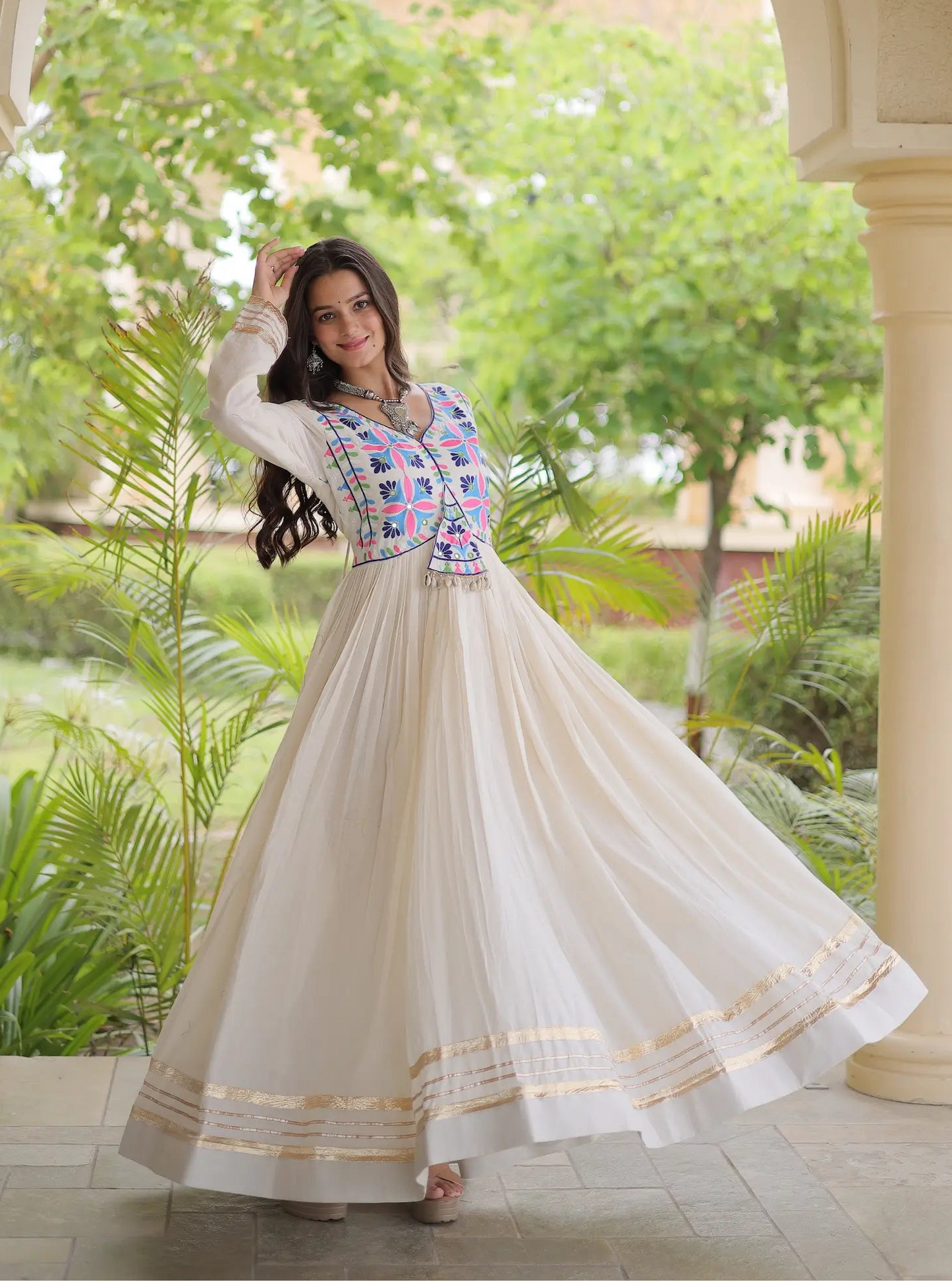 White Navratri Gown With Embroidery & Mirror Work