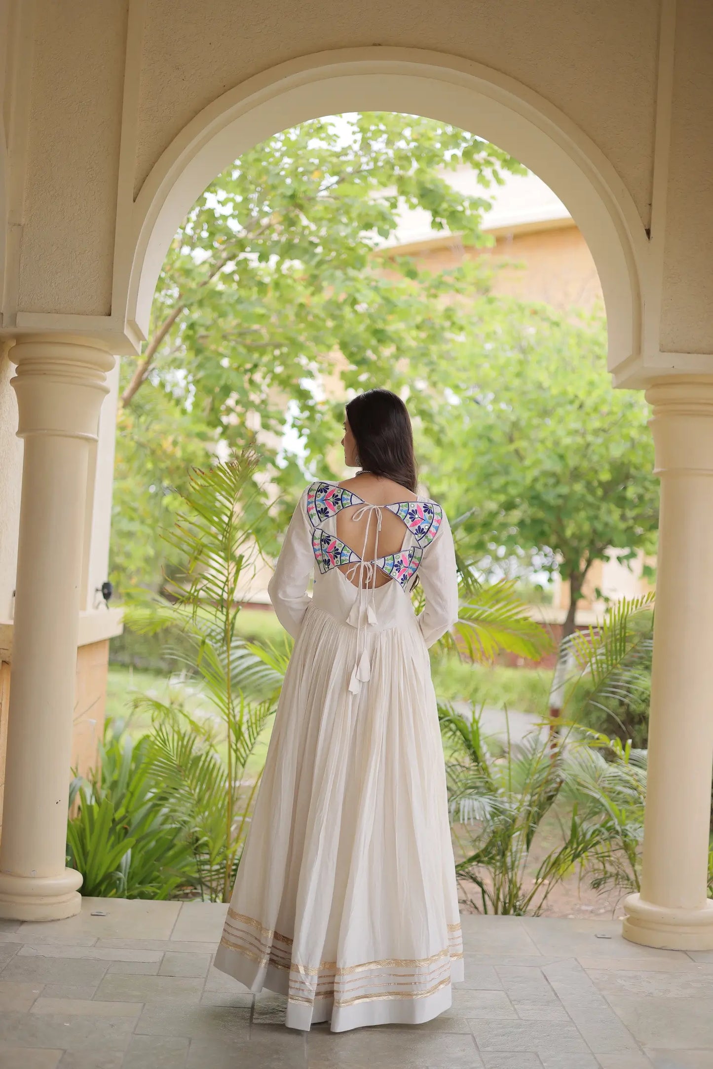 White Navratri Gown With Embroidery & Mirror Work