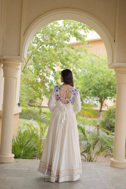 White Navratri Gown With Embroidery & Mirror Work