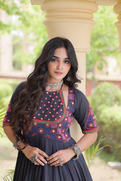 Black Mirror & Embroidery Work Navratri Gown