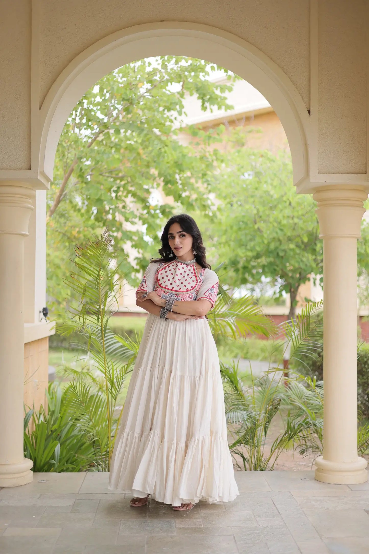 White Mirror & Embroidery Work Navratri Gown