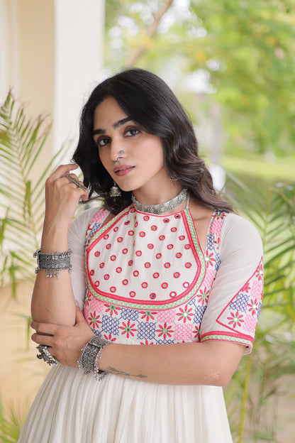 White Mirror & Embroidery Work Navratri Gown