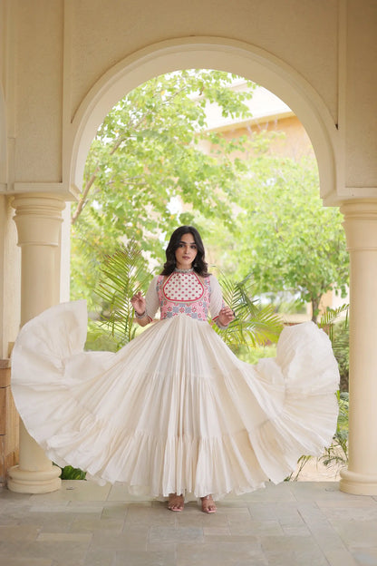 White Mirror & Embroidery Work Navratri Gown