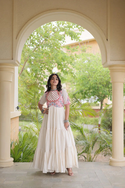 White Mirror & Embroidery Work Navratri Gown