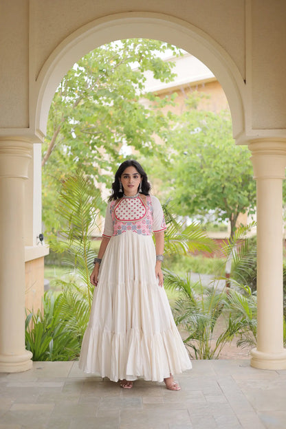 White Mirror & Embroidery Work Navratri Gown