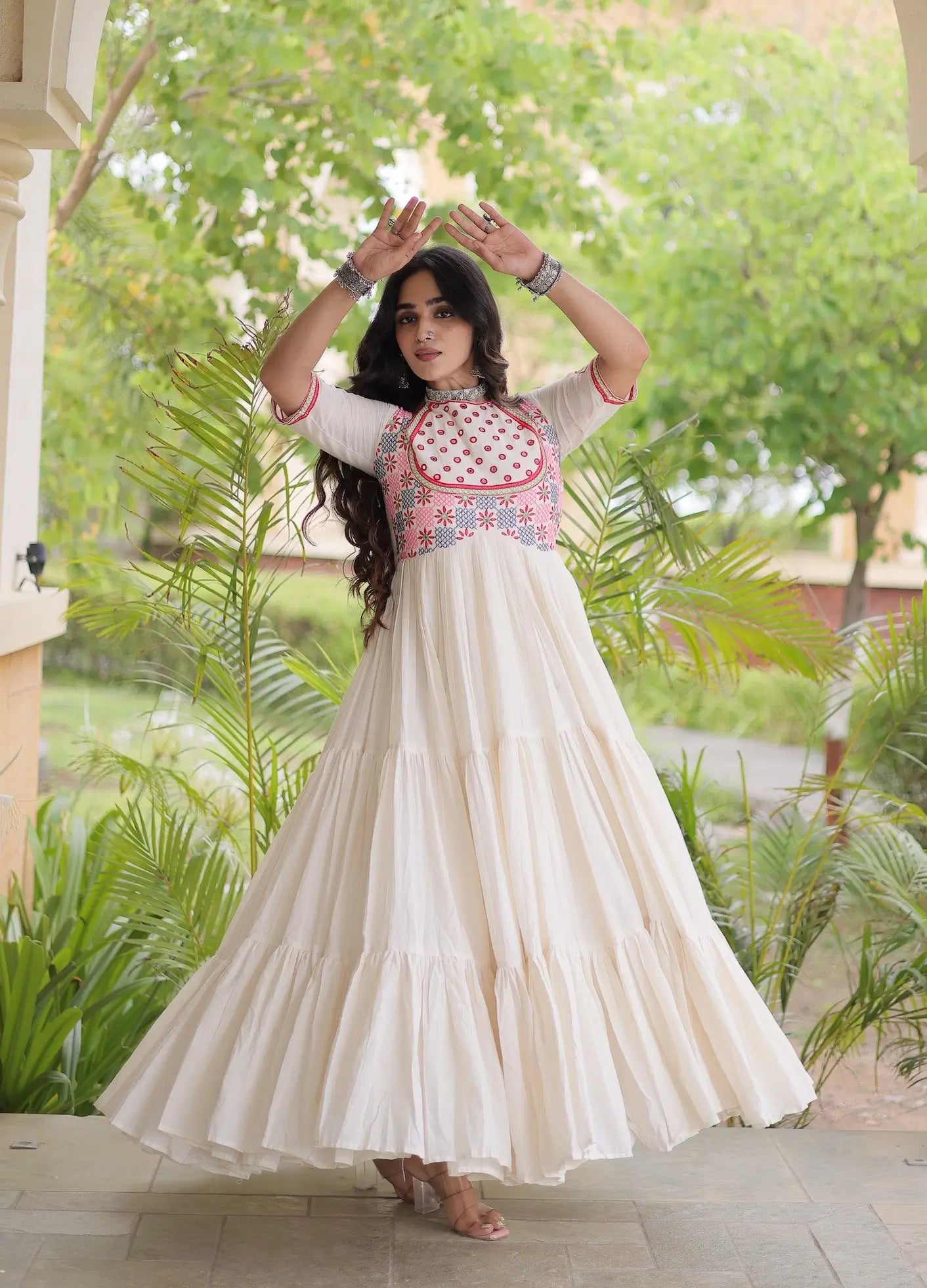 White Mirror & Embroidery Work Navratri Gown