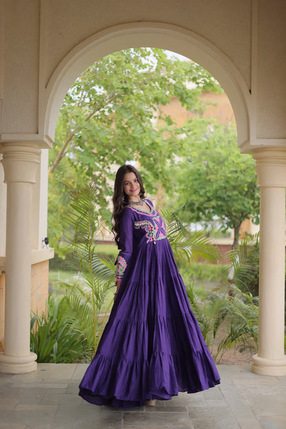 Purple Navratri Gown With Embroidery & Mirror Work