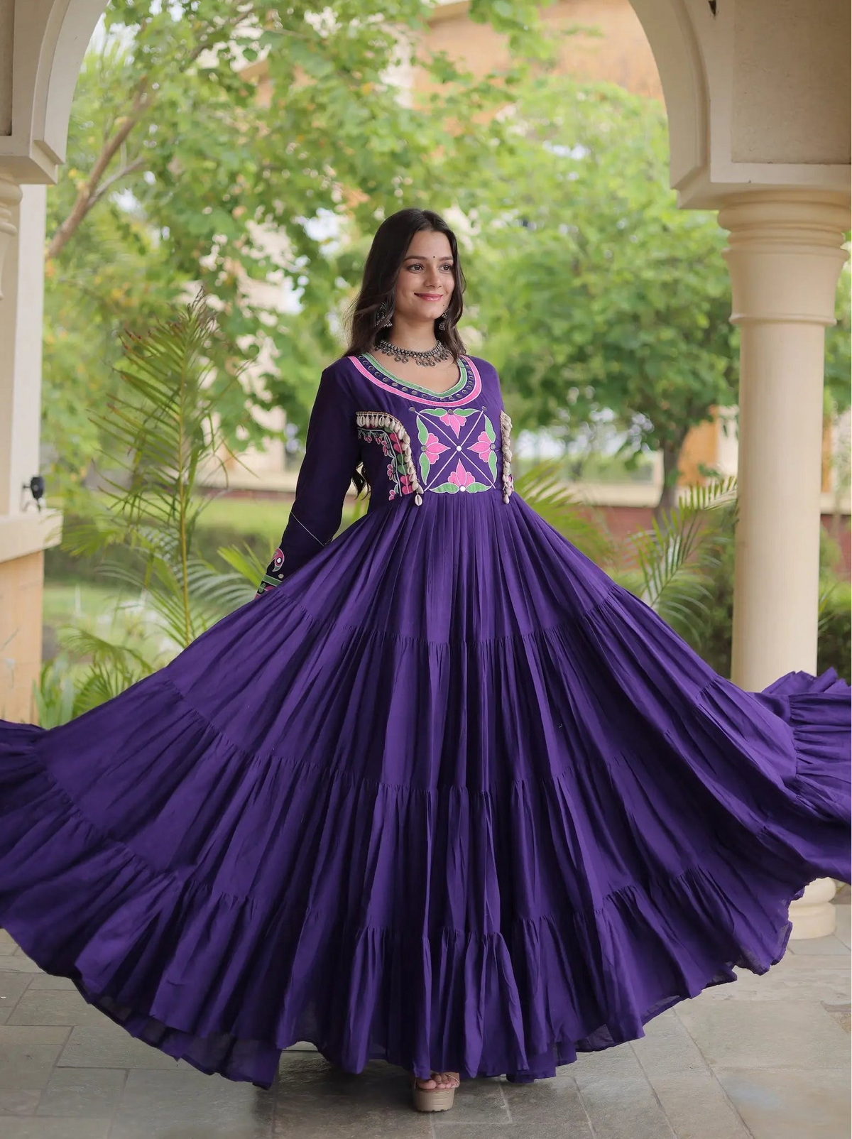 Purple Navratri Gown With Embroidery & Mirror Work