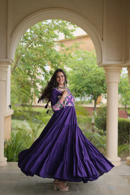 Purple Navratri Gown With Embroidery & Mirror Work