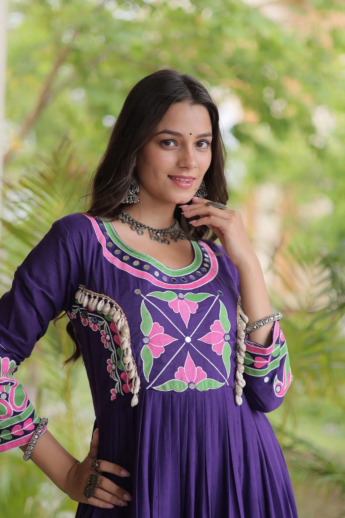 Purple Navratri Gown With Embroidery & Mirror Work