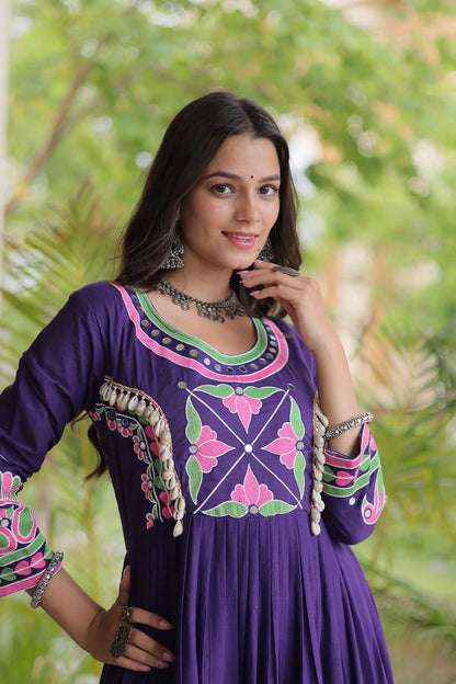 Purple Navratri Gown With Embroidery & Mirror Work