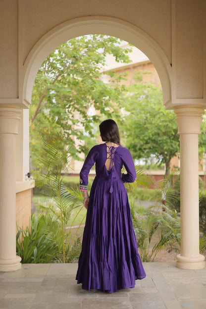 Purple Navratri Gown With Embroidery & Mirror Work
