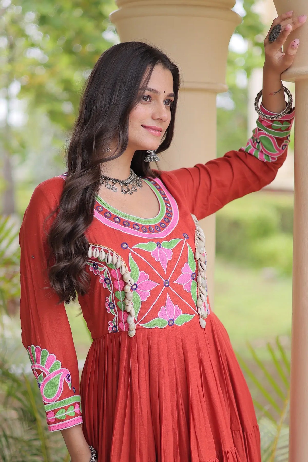 Rust Navratri Gown With Embroidery & Mirror Work