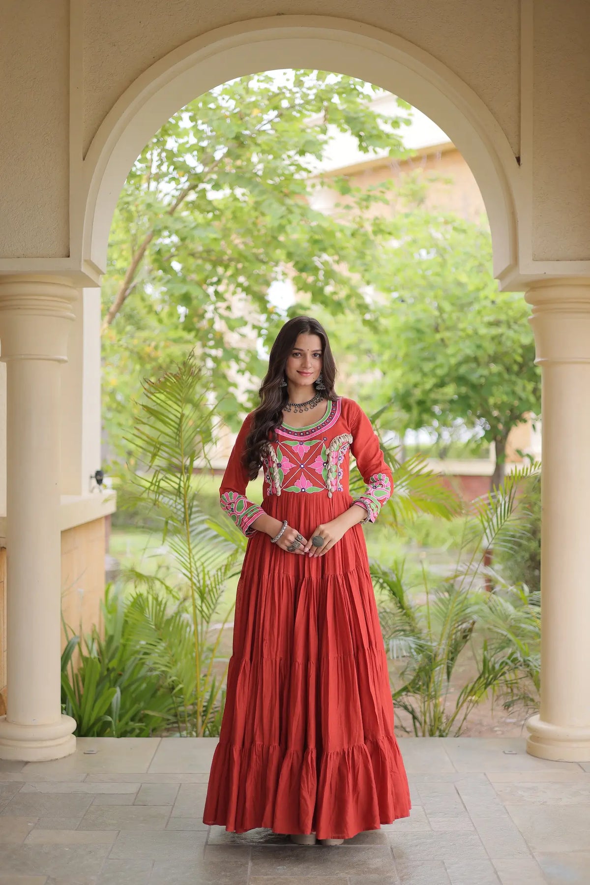 Rust Navratri Gown With Embroidery & Mirror Work