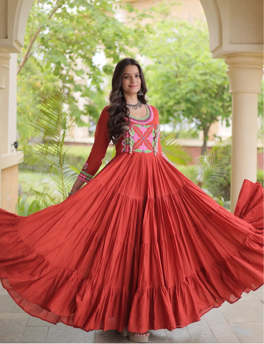 Rust Navratri Gown With Embroidery & Mirror Work