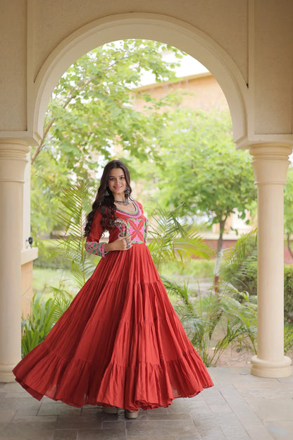 Rust Navratri Gown With Embroidery & Mirror Work